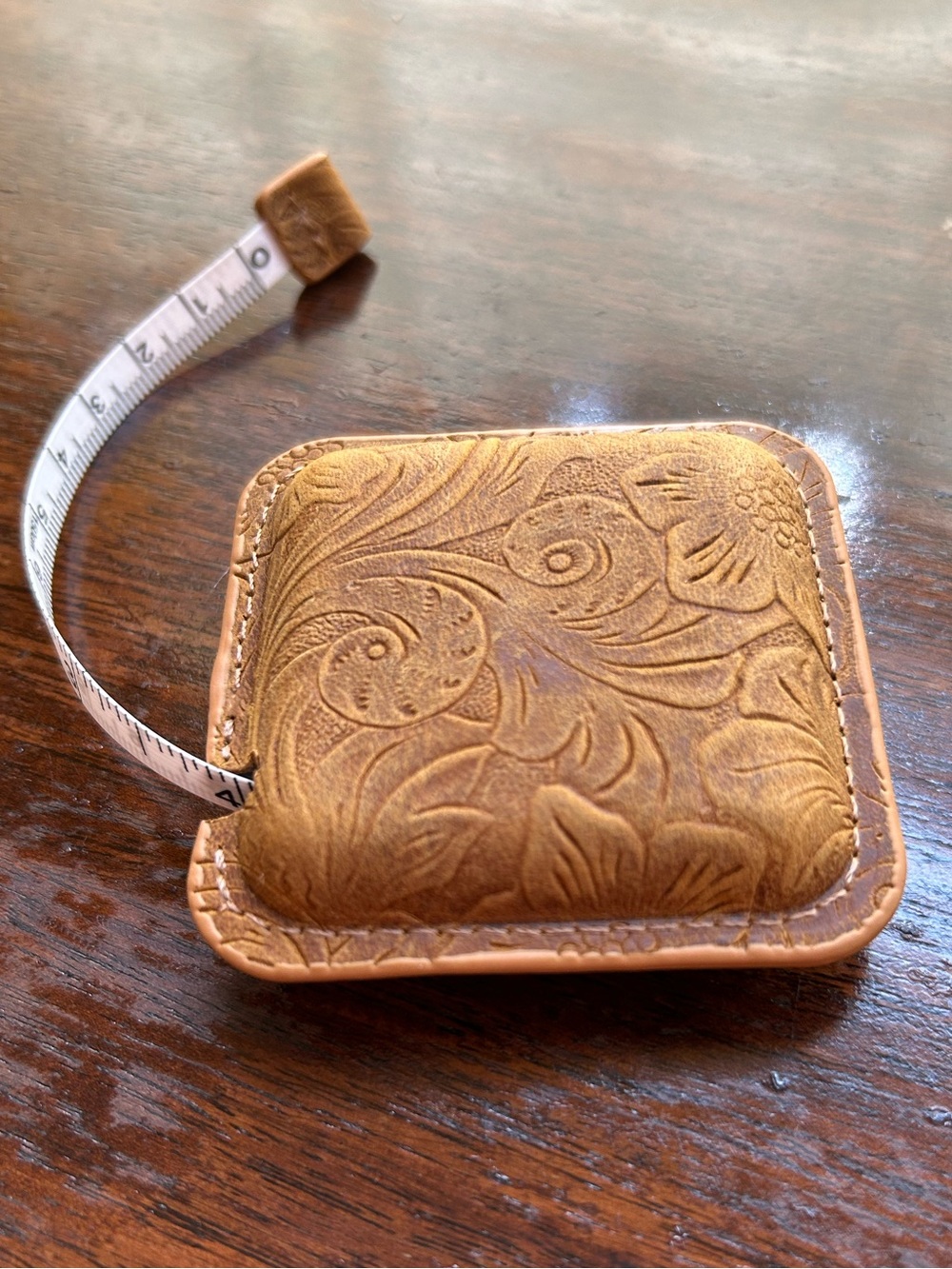 Tooled Floral Design Leather Retractable Tape Measure in Tan New in Package